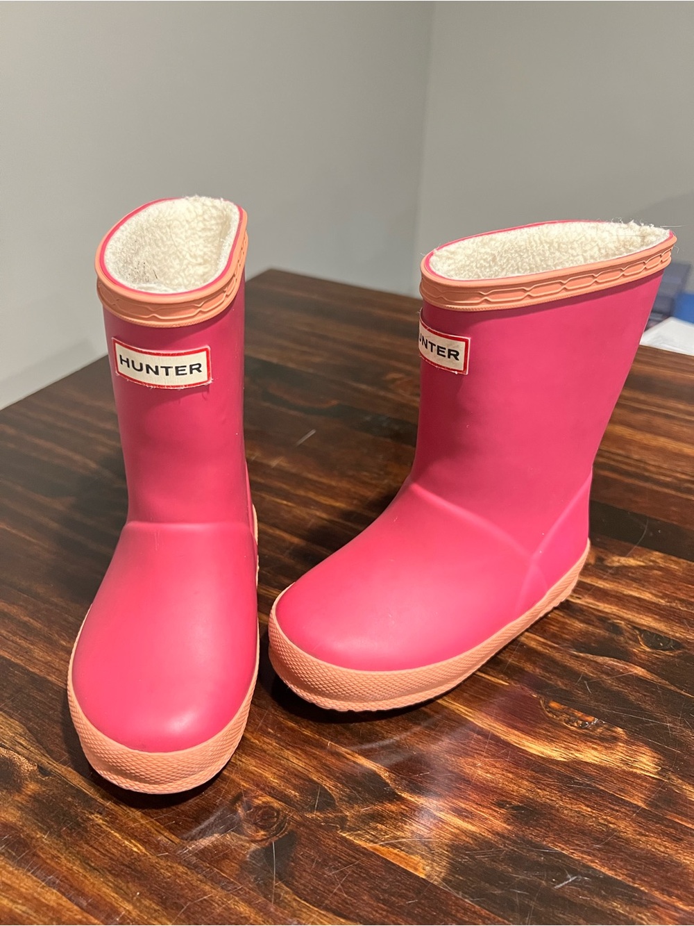 Hunter Kids Bright Pink Waterproof Rain Boots with Peach Trim